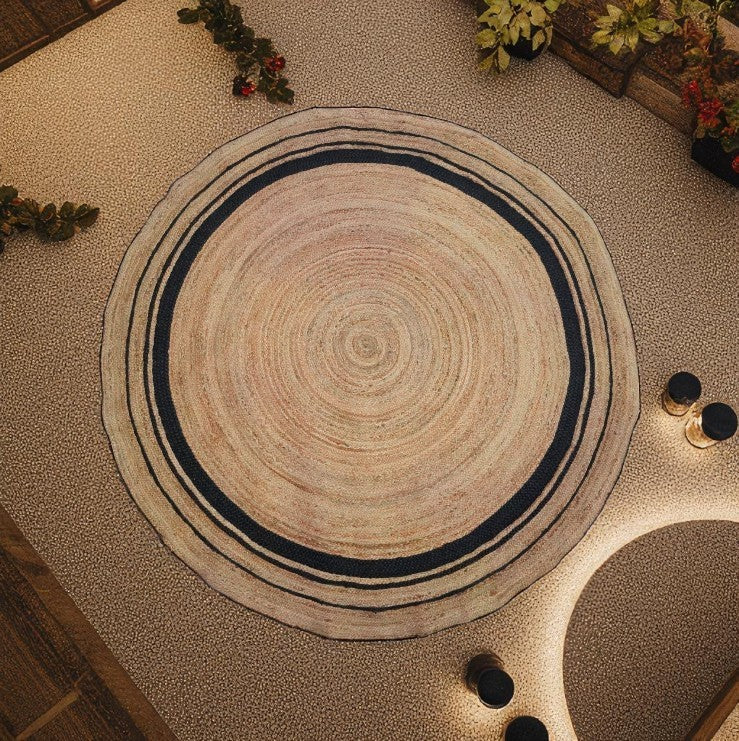 Tapis JUTE ROND Naturel & 3 Bandes Noires D250cm