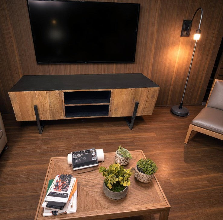 Meuble TV MOLENA 2 portes 2 étagères 140x40 H68cm