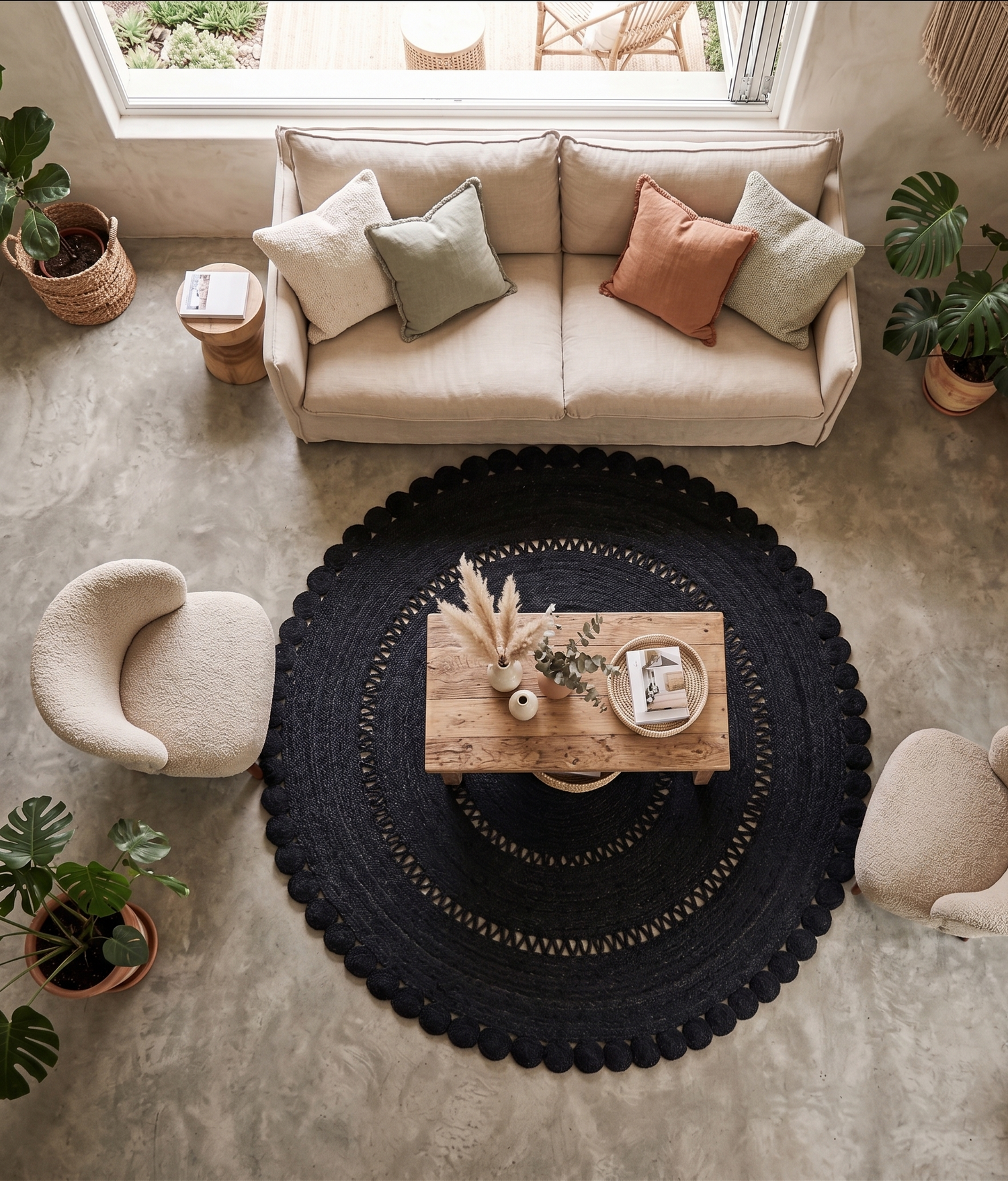 Tapis JUTE ROND Flower Noir Ajouré D250cm