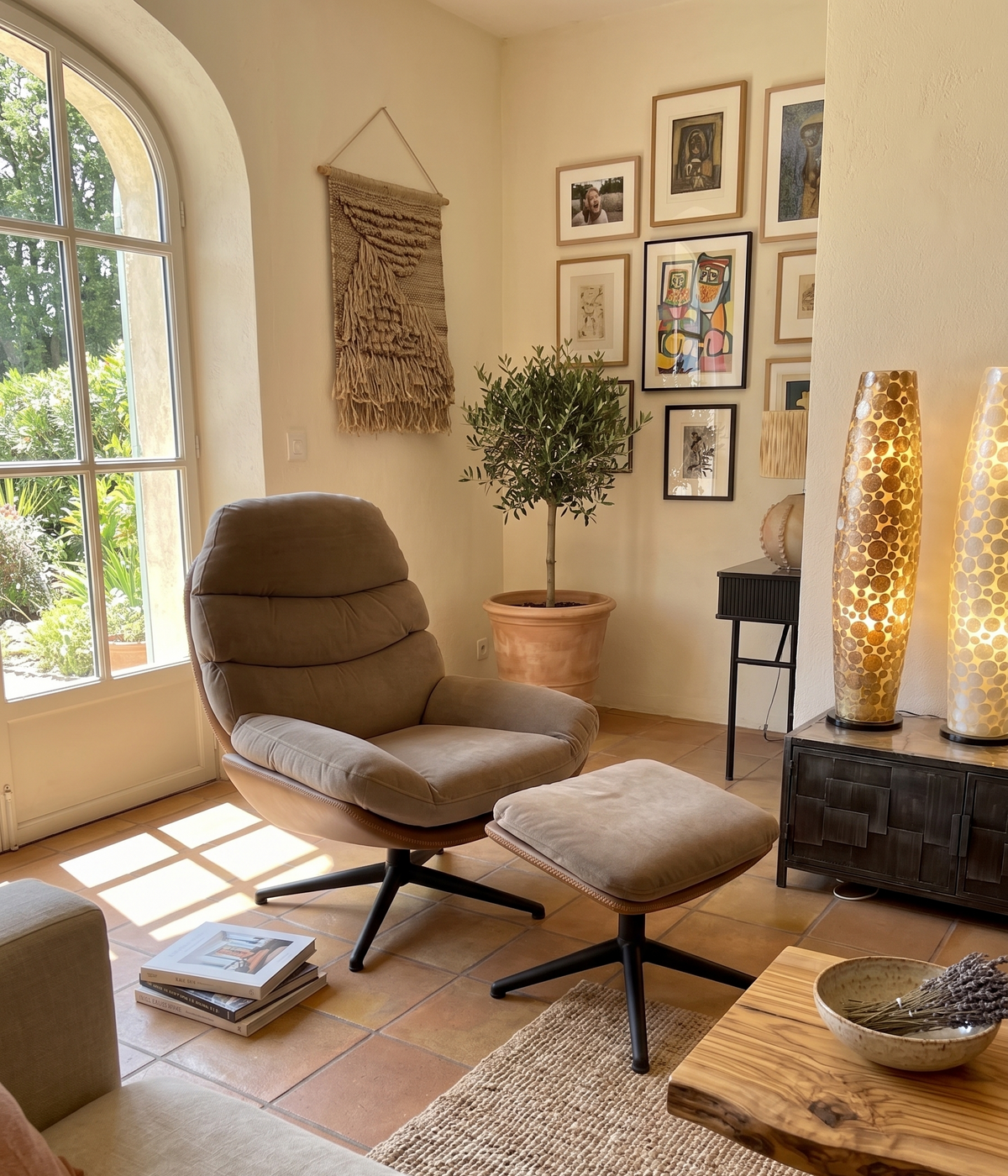 Fauteuil Relax + Repose Pieds RIALTO Havane Ø80xH105cm