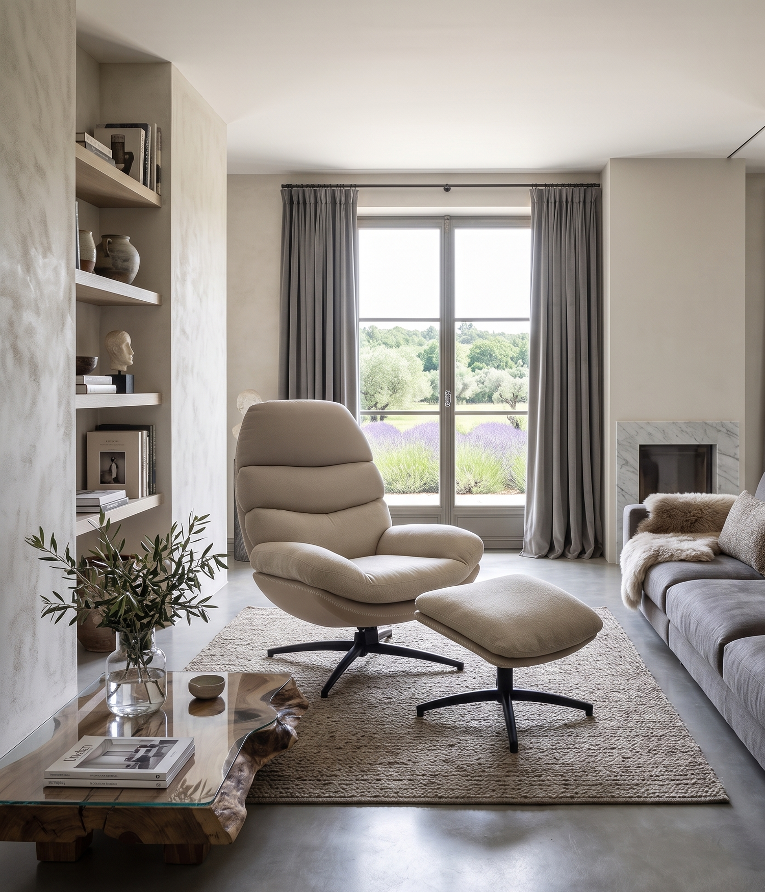 Fauteuil Relax + Repose Pieds RIALTO Beige Ø80xH105cm