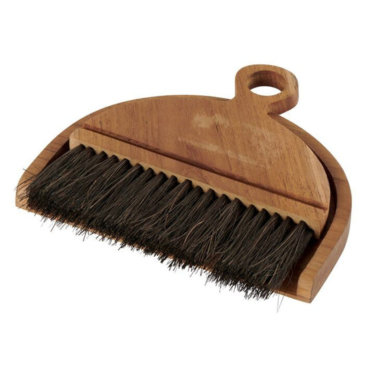 Set brosse et pelle en teck, forme arrondie poil noir en fibre de palmier 17x13x2 cm