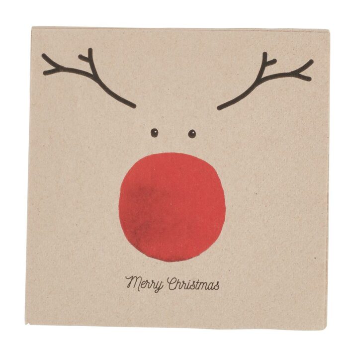 20 serviettes tête de cerf avec gros nez rouge fond kraft papier recyclé 3 plis 33x33 cm