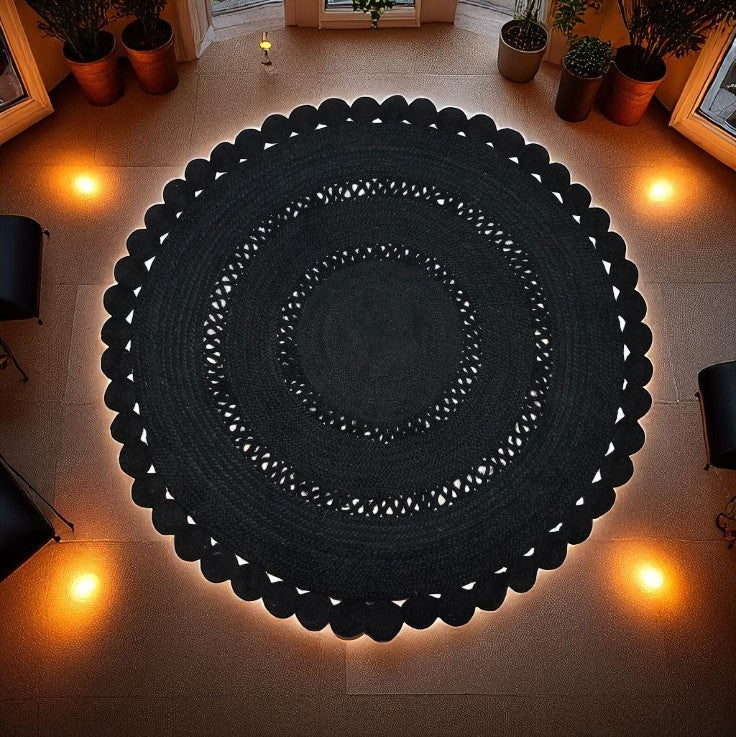 Tapis JUTE ROND Flower Noir Ajouré D250cm